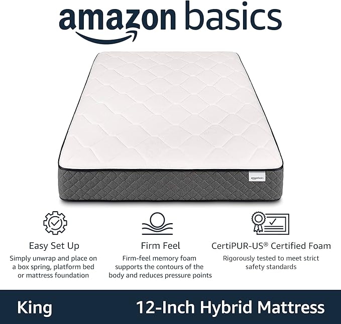 Amazon Basics Gel-Infused Memory Foam Mattress, 12-Inch Hybrid, Cushion Firm, Cool Touch, CertiPUR-US® Certified Foam, King, White / Gray
