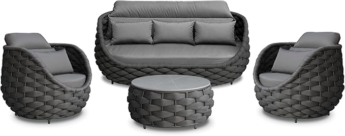 Rope Patio Furniture Set: 4 Pieces Aluminum Outdoor Couch Set Cushioned - Assembled Porch Conversation Sofa Set Modern - Metal Patio Seating for 5 Person Deck Garden Poolside Hotel, Dark Gray