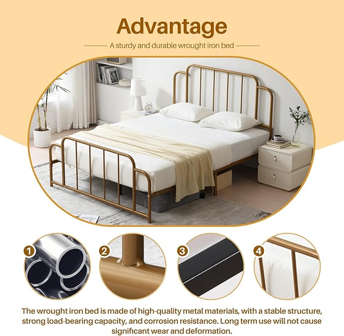 PINJU Metal Platform Bed Frame with Headboard and Footboard, Classic Style, Sturdy Metal Slats, No Box Spring Needed, Easy Installation (Gold, Queen)