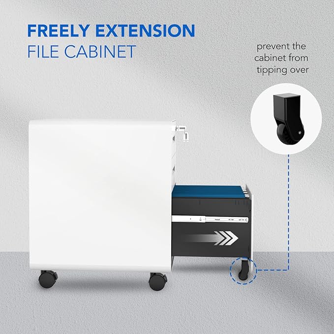 FLEXISPOT Metal File Cabinet for Under Desk Storage Mobile 3 Drawer File Cabinet Round Corner Design Filing Cabinets for Home Office,White