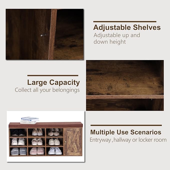 MFSTUDIO Shoe Storage Bench, Shoe Rack Bench with Barn Door Cabinet, 9 Open Compartments, Seating Cushion, Freestanding Shoe Rack Organizer for Entryway Hallway Bedroom, Rustic Brown, Large Size