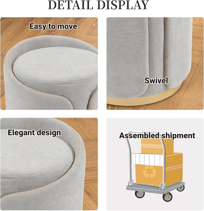 Swivel Vanity Stool with Gold Base Comfy Vanity Chair Modern Round Stool for Makeup Vanity Ottoman Foot Rest for Bedroom livingroom (Light Gray)