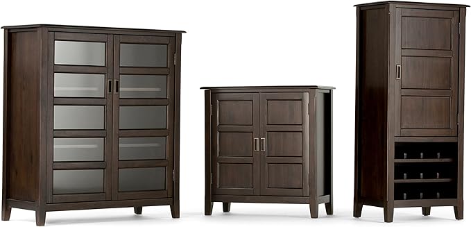 SIMPLIHOME Burlington SOLID WOOD 40 inch Wide Transitional Medium Storage Cabinet in Mahogany Brown, with 2 Tempered Glass Doors that open to 4 Adjustable Shelves