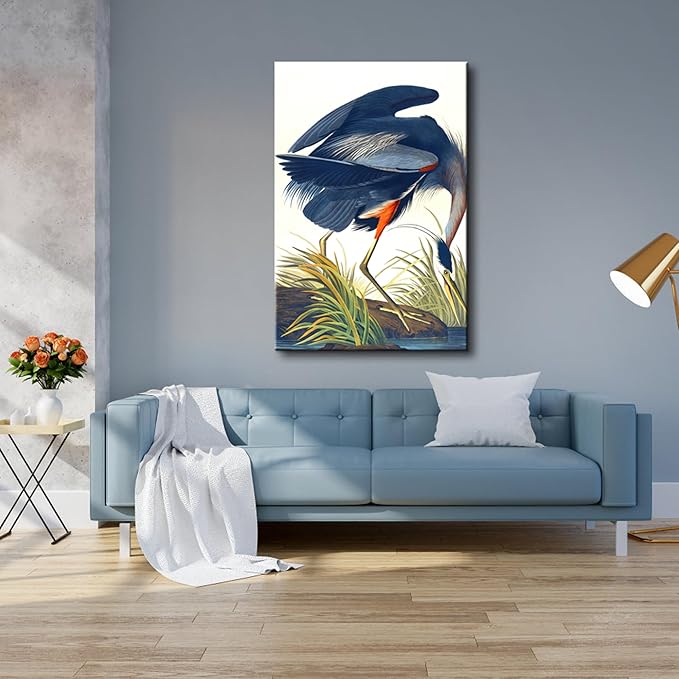 Wieco Art Canvas Print Wall Art Great Blue Heron by John James Audubon Vintage Poster Birds of America Antique Bird Illustration Wall Art for Living Room Home Kitchen Decorations