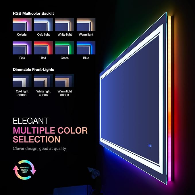 40x32 inch LED Bathroom Mirror with RGB Lights Color Changing Backlit Mirror Shatterproof Dimmable Anti-Fog Lighted Vanity Mirror (RGB Multicolor Backlit + Adjustable Front-Lighted)