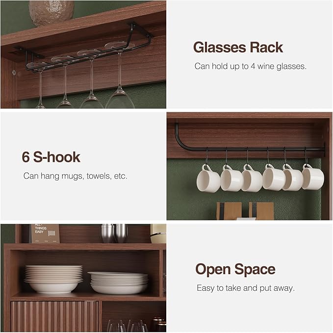 Fluted Buffet Cabinet with Storage, Modern Coffee Bar Cabinet with Outlet, Wine Rack, Cup Holder, Multi-Functional Accent Liquor Cabinet for Living Room, Entryway, Kitchen, Walnut