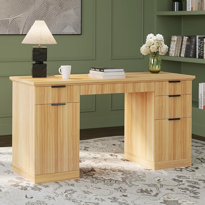 FURSUN 58" Fluted Modern Desk with Storage, Home Office Desk with 1 File Cabinet & 5 Drawers, Wood Executive Computer Writing Desk for Study, Living Room, Bedroom, Natural Oak
