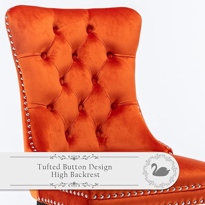 Velvet Upholstered Dining Chairs Set of 4, Modern Style Kitchen Side Chairs with Nailhead Trim and Wood Legs,Metal Pulling Ring for Dining Room Living Room(Orange,Set of 4)