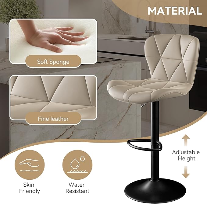 Bar Stools Set of 3,Adjustable Swivel Barstools, Faux Leather Bar Chairs,Upholstered Counter Height with High Backrest for Kitchen Island, Khaki