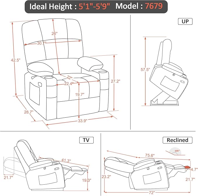 MCombo Medium Lay Flat Dual Motor Power Lift Recliner Chair Sofa with Massage and Heat for Elderly People, Infinite Position, Faux Leather 7679 (Cream White, Medium)
