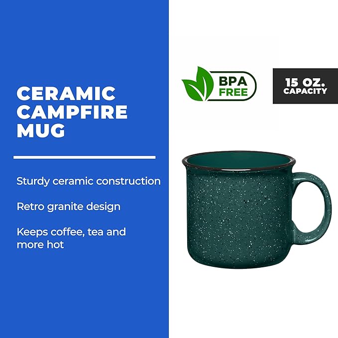 Set of 8 Ceramic Campfire Mugs – 15 Oz, Teal – Coffee & Tea Cups for Home, Work, Travel, Camping – Customizable, Great for DIY, Events, Companies