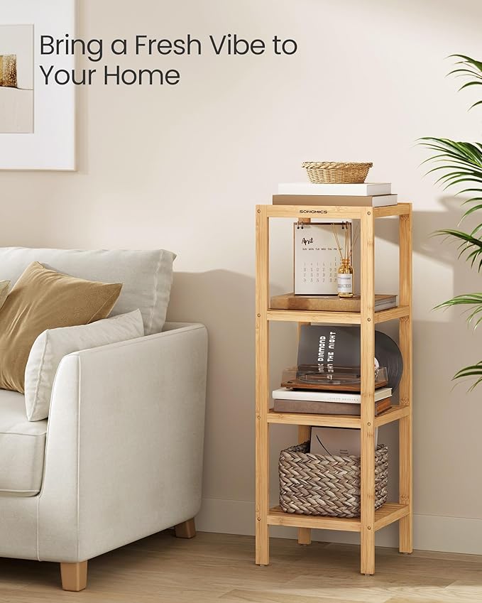 SONGMICS Bamboo Storage Shelf, 4-Tier Shelving Unit, Multifunctional, in the Entryway, Bathroom, Living Room, Balcony, Kitchen, 13 x 13 x 38.6 Inches, Light Bamboo UBCB54Y