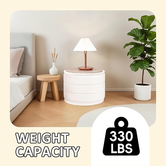 PINPLUS Large Round Velvet Storage Ottoman, White Upholstered Footstool with Hidden Storage, Sturdy Coffee Table Ottoman for Living Room & Bedroom