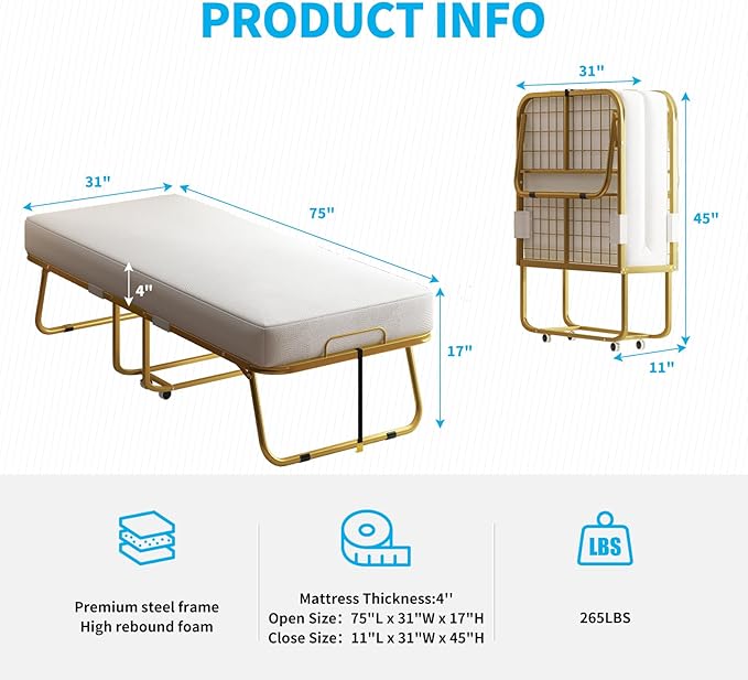 Mjkone Folding Bed with 4-Inch Mattress, 75x31 Inch Portable Rollaway Bed for Adults, Space Saving Design & Locking Wheels
