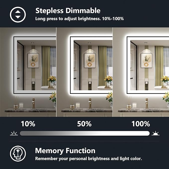 48x36 Inch LED Bathroom Mirror with Lights (Front Lit and Backlit) Black Framed Lighted Vanity Mirror for Bathroom Wall Dimmable Anti-Fog Memory Tempered Glass Horizontal/Vertical