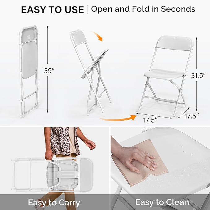 VINGLI 20 Pack White Plastic Folding Chair, Indoor Outdoor Portable Stackable Commercial Seat with Steel Frame 350lb. Capacity for Events Office Wedding Party Picnic Kitchen Dining