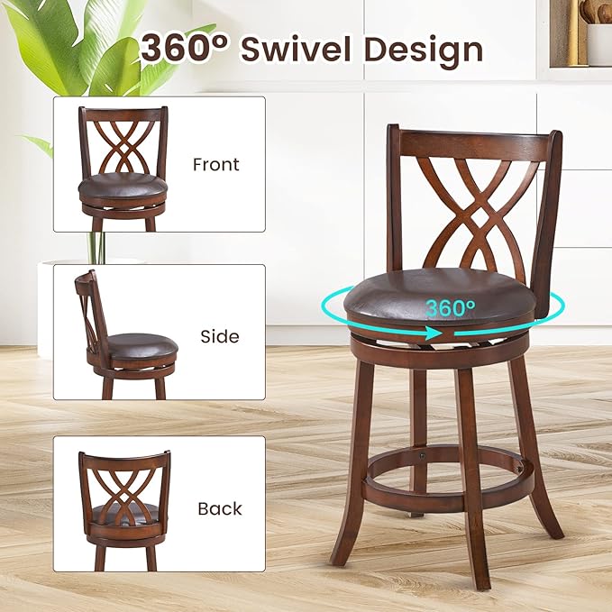 COSTWAY Bar Stools Set of 2, 360° Swivel Chairs with Rubber Wood Frame, 26 Inches PU Leather Cushioned Seat and Footrests, for Kitchen Island, Dining Room, Bar (Brown-26 inches, 2 stools)