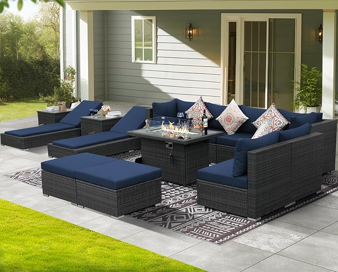 NICESOUL 13 Piece Outdoor Couch with Firepit Table, Durable Hevy Duty Wicker Patio Furniture with Lounger, Big Large Sectional 10-Seats with Long Propane/Natural Gas Firepit and Chaise, Gray&Navy Blue