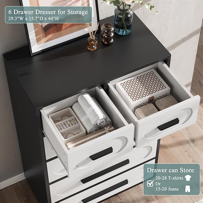 Dresser for Bedroom, 44" Tall Dressers & Chests of Drawers w/Solid Wood Handle, Wood Mid Century Closet Organizers and Storage Cabinet for Bedroom, Living Room, Hallway, Black/White