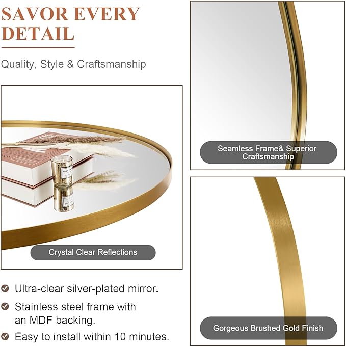 ANDY STAR Gold Bathroom Mirror, 22" x 34" Tilting Vanity Oval Mirror for Wall, Brushed Gold Stainless Steel Metal Frame Pivot Mirror Hangs Vertically Wall-Mounted