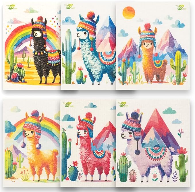 SWEDEdishcloths - Eco Friendly Cellulose Sponge Dish Towels - Mixed Set of 6 (One of Each Design) Llama Swedish Dish Cloths