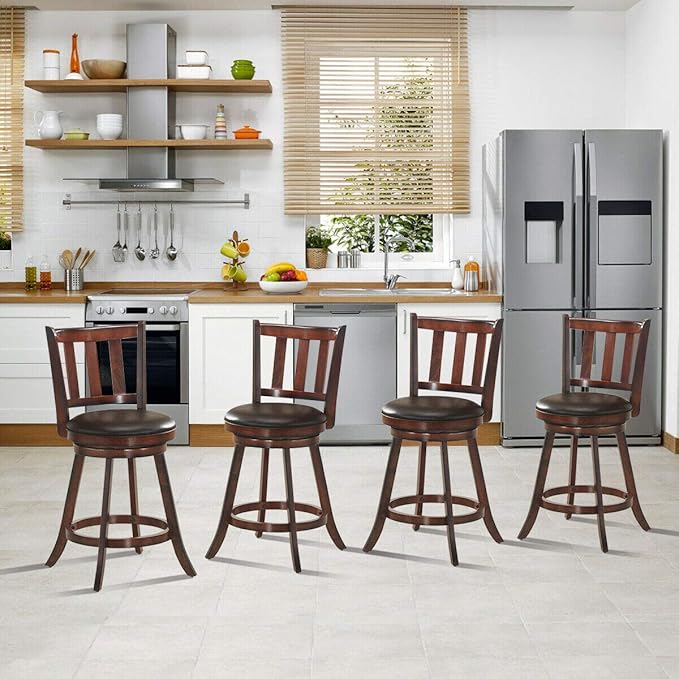 COSTWAY Bar Stools Set of 4, Counter Height Dining Chair, Fabric Upholstered 360 Degree Swivel, PVC Cushioned Seat, Perfect for Dining and Living Room (Height 25''-Set of 4)