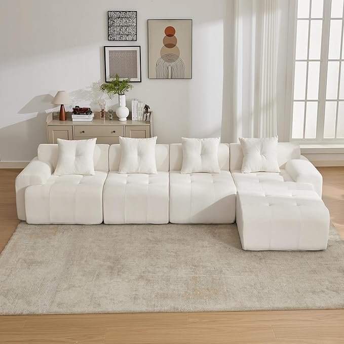 101.65” Modular Sectional Couch for Living Room, Modren L-Shape Cloud Sectional 3-Seater Sofa with Movable Ottoman, Woven Texture Upholstery Boneless Couch, No Assembly Grey, Beige