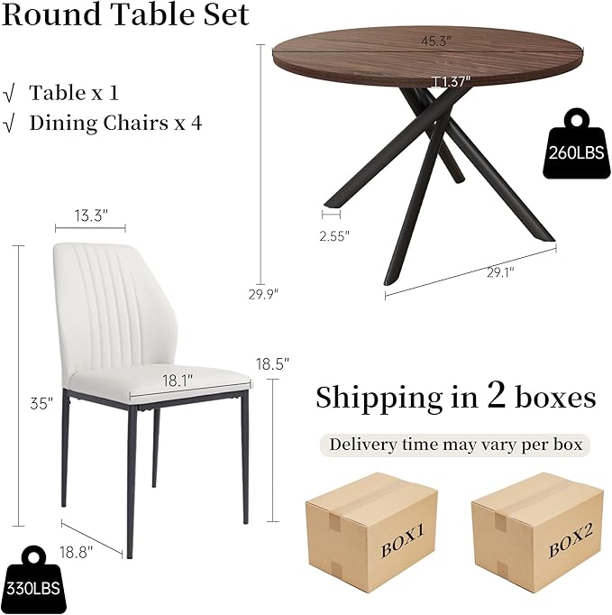 45.3'' Walnut Round Dining Table Set for 4, Mid Century Modern Small Coffee Set for Dining Room Kitchen Apartment (Dark Walnut Table + 4 White Chairs)