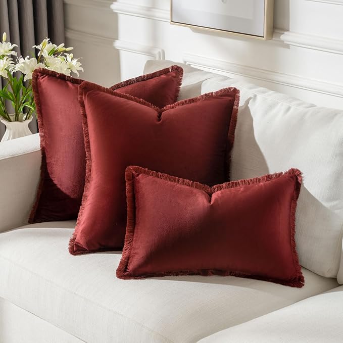 FUTEI Burgundy Velvet Decorative Throw Pillow Covers 12x20 Set of 2,Soft Cozy Edge with Tassels Lumbar Pillow Cases,Boho Modern Home Decor for Couch Bed Living Room