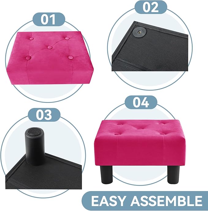 Poofzy Small Foot Stool Ottoman, Velvet Ottoman Foot Rest with Legs, Rectangle Foot Rest for Couch, Footstools and Ottomans Small for Living Room and Entryway (Hot Pink)