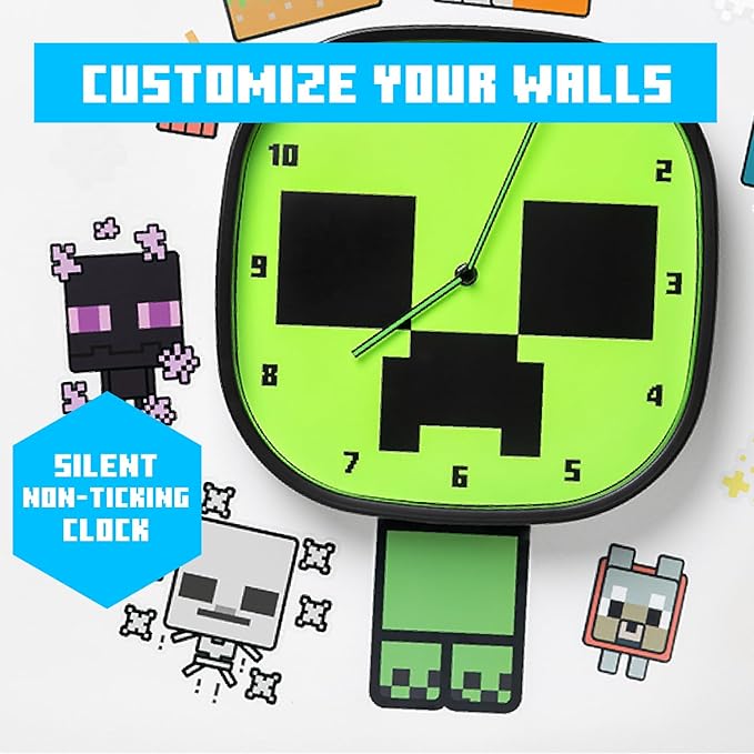 Minecraft Creeper Glow In the Dark Wall Clock - Officially Licensed Silent, Non-Ticking Clock - Includes 3 Sheets of Removable Minecraft Decals - Minecraft Room Decor for Boys | Paladone