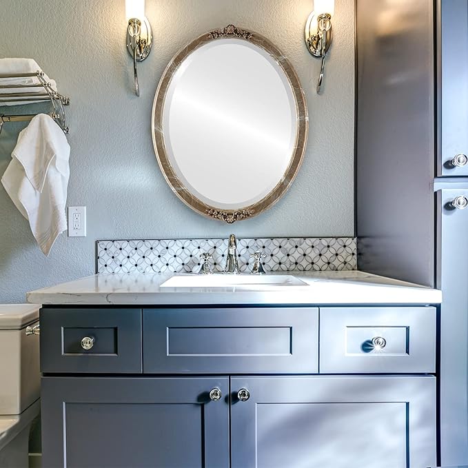 OVALCREST Oval Beveled Wall Mirror for Home Decor - Athena Style - Champagne Silver - 26" x 20" Outside Dimensions