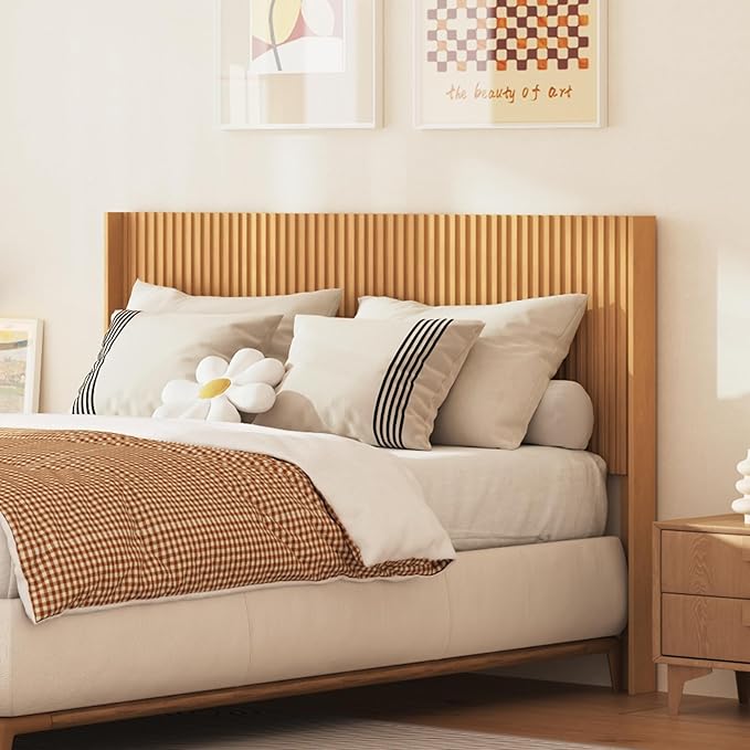 COCO DESIGN Queen Size Headboard Only, 64.3" Wide Wooden Headboard, Mid Century Modern Farmhouse Boho HeadBoard, Fluted Panel, Wingback Design, Wall Mount, Natural