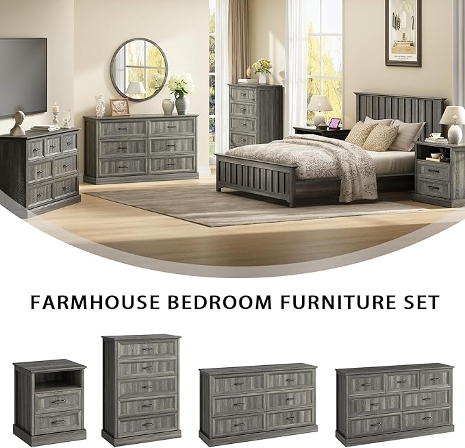 Farmhouse 6 Drawer Dresser for Bedroom, 55 Inch Wide Modern Grey Dresser TV Stand with Large Drawers & Bar Handles, Rustic Wood Chest of Drawers for Bedroom, Living Room