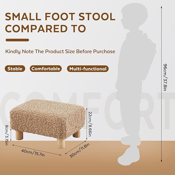 Small Foot Stool Ottoman, Sherpa Footstool Ottoman Foot Rest for Couch, Rectangle Footstools and Ottomans Small for Living Room, Entryway and Bedroom (Light Brown)