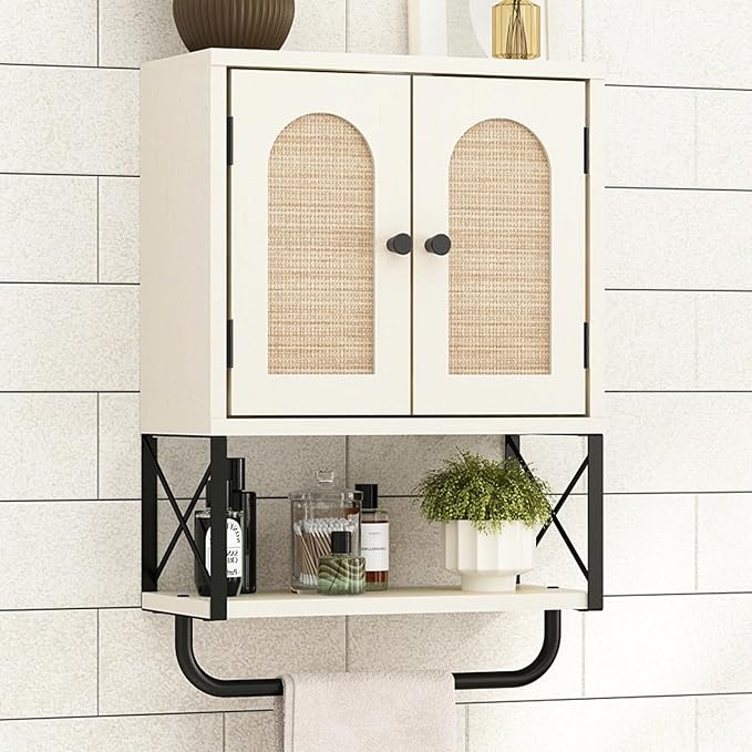 RUSTOWN Rattan Bathroom Wall Cabinet, Boho Over The Toilet Storage Cabinet with Arched Rattan Doors, Modern Medicine Cabinet with Adjustable Shelves & Towel Bar(Vintage White,Small)