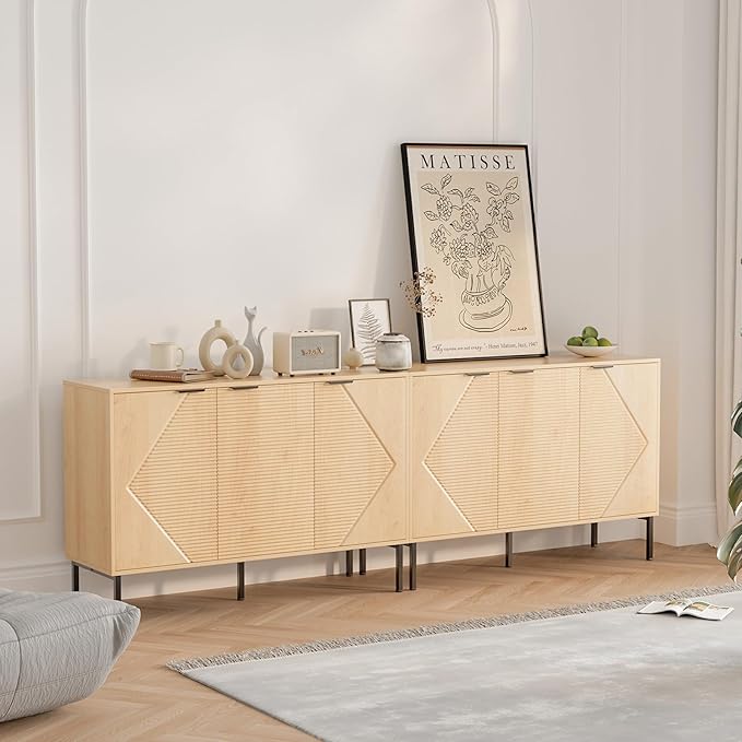 Set of 2 Buffet Side Board Cabinet,91.96" Large Office Coffee Bars Station,Extra Wide Farmhouse Accent Cabinets with Doors and Shelves,Fluted Entryway Cabinet TV Consoles for Living Room