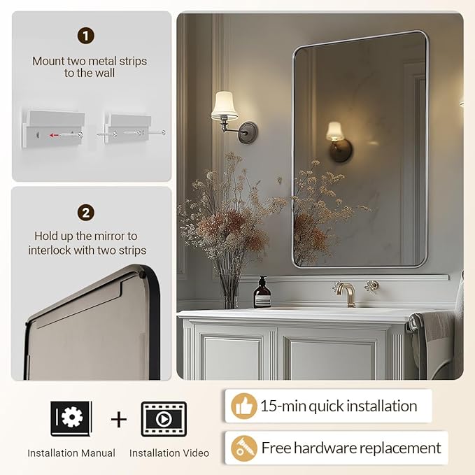 ANDY STAR Mirror for Bathroom, 24x36 Inch Brushed Nickel Bathroom Rectangle Mirror for Wall, Modern Rectangular Thick Tube Metal Frame for Vanity Over Sink, Explosion-Proof Film, Horizontal/Vertical