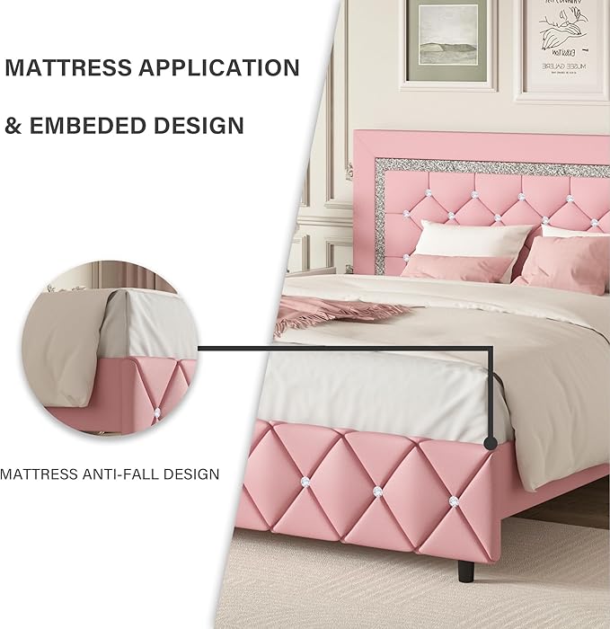 BarnFurin Queen Bed Frame with Headboard, Faux Leather Upholstered Bed with Diamond Tufted Design, Modern Platform Bed Frame, No Box Spring Required, Easy Assembly, Pink