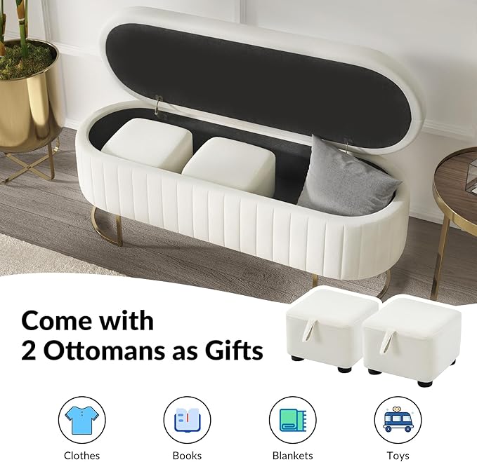 EcoHarbor Living 50" Storage Ottoman Bench with 2 Additional Ottomans, End of Bed Bench Bedroom Bench, Upholstered Velvet Long Window Bench with Gold Legs, Flipping Lid Entryway Footrest