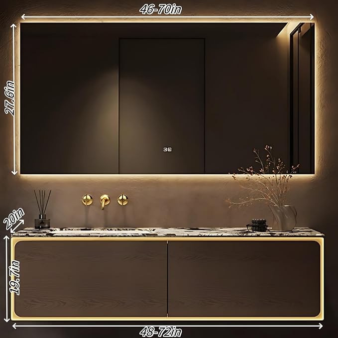 56IN Bathroom Vanity Set with a Single Sink - Embedded Sensor Light Strip & Large Capacity Floating Cabinet | Modern Bathroom Vanities with Defogging Mirror Surface & LED Lighting (Mirror)