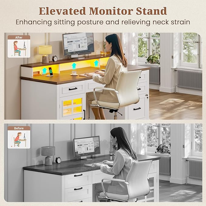 60'' Farmhouse Executive Desk with Drawers, Home Office Desk with Power Outlet & LED Light, Wood Computer Desk with Monitor Stand, Locking File Drawer, Glass Storage Cabinet, Hooks, White