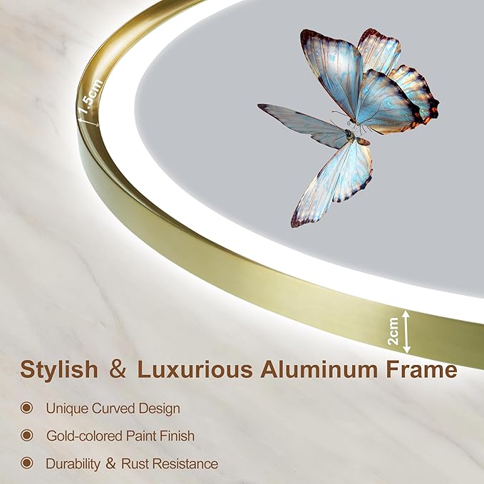 S'bagno 24'' Round Gold LED Mirror for Bathroom with Frontlit & Backlit, LED Vanity Mirror with Metal Frame, Anti-Fog, Stepless Dimmable, 3 Colors Temperature
