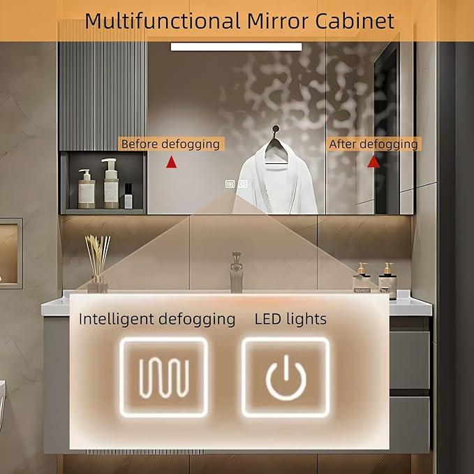 68IN Suspended Bathroom Cabinet Combo Set - Fully Functional LED Mirror with Smart Defogging & Time Display | Bathroom Vanity with Sink,Side Cabinet Storage Compartment (Style A)