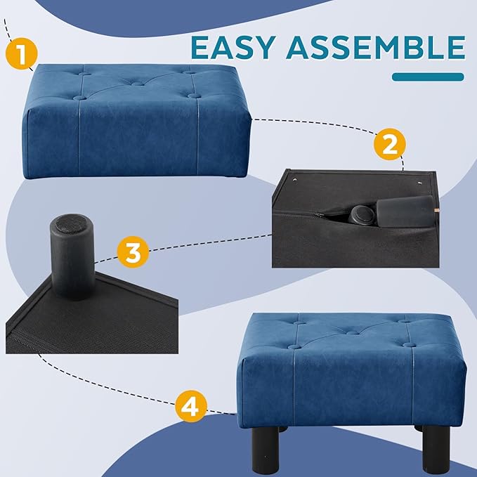Small Foot Stool Ottoman, Faux Leather Footstool Ottoman Foot Rest for Couch, Rectangle Footstools and Ottomans Small for Living Room, Entryway and Bedroom (Blue)