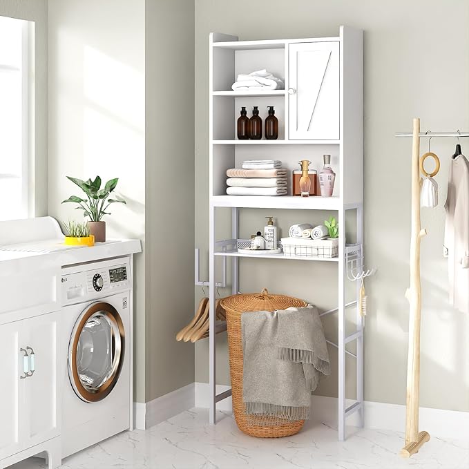 AWQM Over The Toilet Storage Cabinet, Bathroom Cabinet Organizer with Adjustable Shelf, Freestanding Space Saver Toilet Stands with Door, Paper Hook, Multifunctional Bathroom Toilet Rack, White