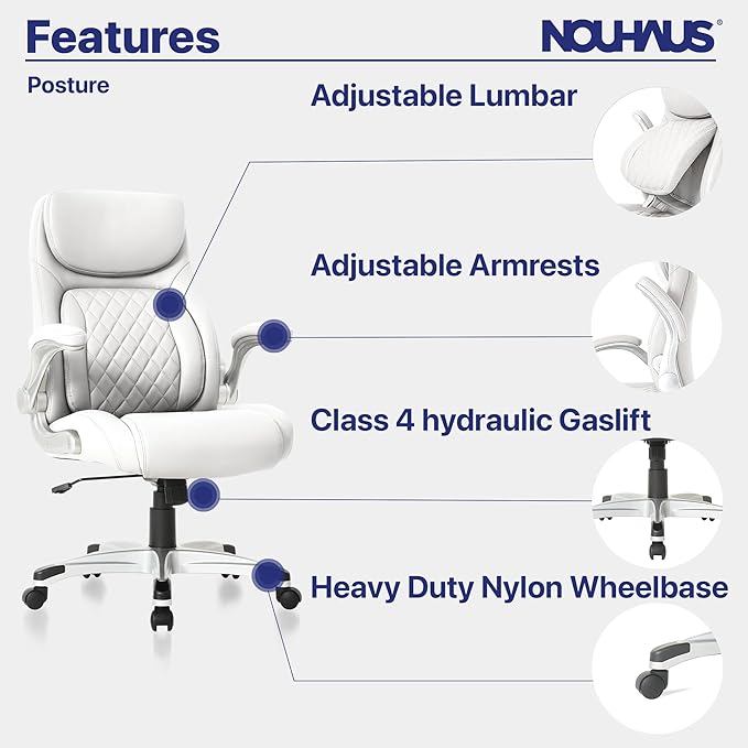 Nouhaus +Posture Ergonomic PU Leather Office Chair. Click5 Lumbar Support with FlipAdjust Armrests. Modern Executive Chair and Computer Desk Chair (White)
