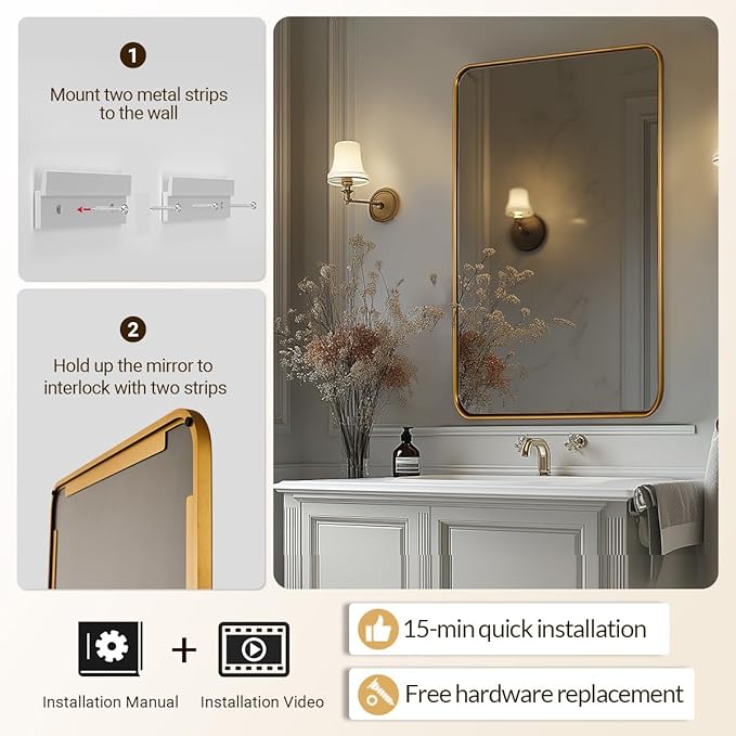 ANDY STAR Bathroom Mirror for Wall, 24x40 Inch Gold Rectangle Mirror for Bathroom with Rounded Corner, Modern Brushed Brass Vanity Rectangular Mirrors with Tube Metal Frame, Explosion-Proof Film