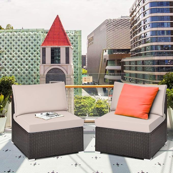 COSTWAY 2PCS PE Rattan Armless Sofa, Wicker Patio Conversation Set Chairs with Soft Cushion, Outdoor Sectional Furniture for Yard, Poolside (Beige)