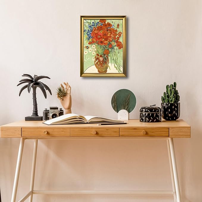Wieco Art Framed Wall Art Canvas Prints of Red Poppies and Daisies Canvas Wall Art of Van Gogh Paintings Reproduction Abstract Artwork for Wall Decor Bronze Gold Frame